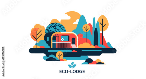 Eco-lodge travel and tourism illustration with colorful landscape