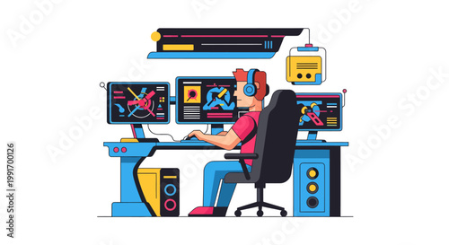 programmer sitting at desk with multiple computer monitors
