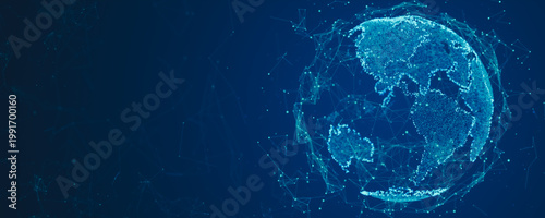 Digital globe visualization highlighting North and South America with glowing data points and network lines, symbolizing global connectivity, communication systems. 3D rendering.
