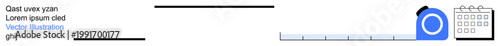 Project planning, task tracking, deadline management, time milestones, organization, event scheduling. Horizontal timeline with markers and a calendar icon. Project planning and task tracking concept