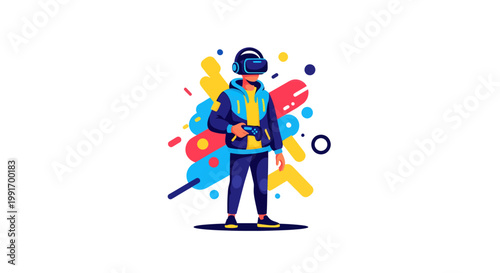 Colorful illustration of a person with paintbrush and vibrant art supplies