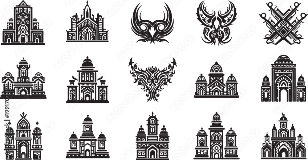 Obraz premium Medieval Castle Architecture and Fantasy Symbols Illustration