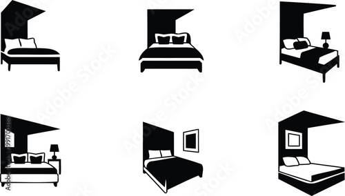 Collection of modern bedroom silhouettes with beds and furniture  various designs