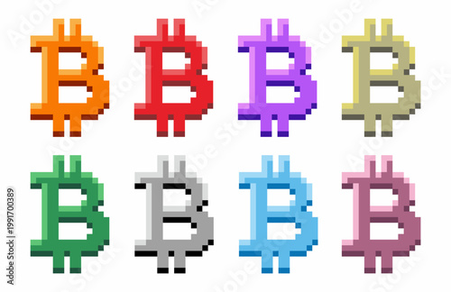 Pixelated symbol of Bitcoin in various color