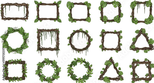 Jungle vine frames collection, 15 tropical wood border vectors with green leaves, rustic liana branch frames for game UI and nature design