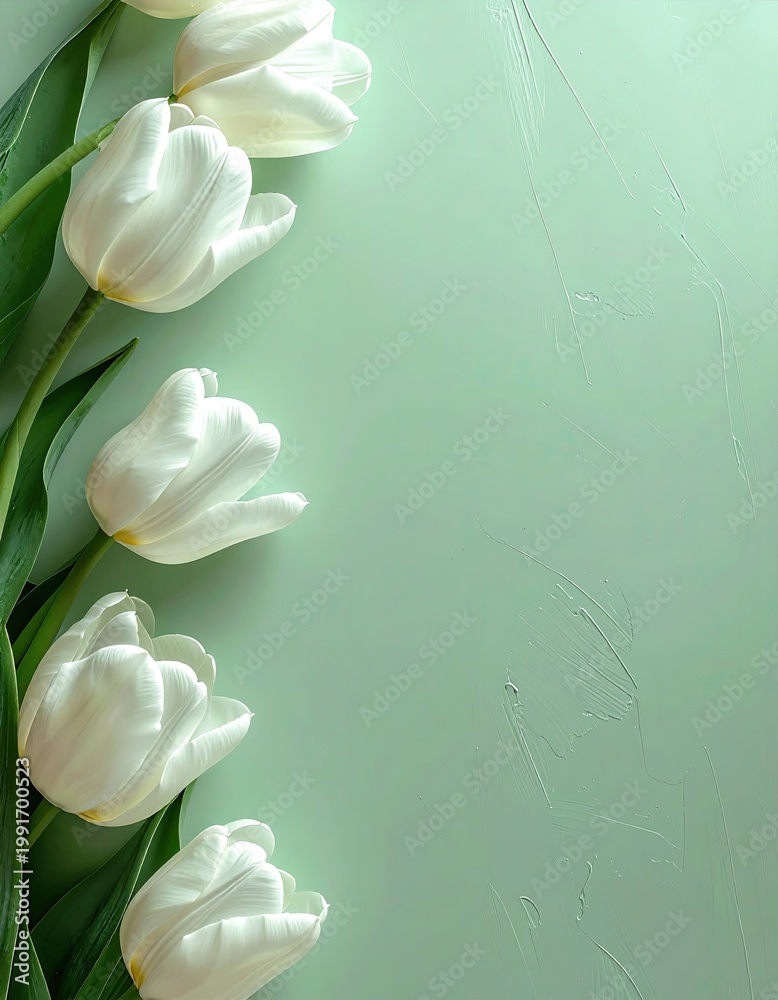 Fototapeta premium White tulips against a muted green texture