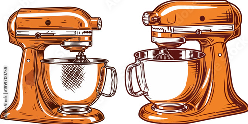 Vintage stand mixer vector illustration, retro kitchen appliance with metallic copper finish, professional electric food mixer for baking and cooking