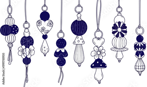 Hand drawn beaded charms vector set, navy blue decorative pendants with hearts and flowers, whimsical jewelry elements for craft and fashion design