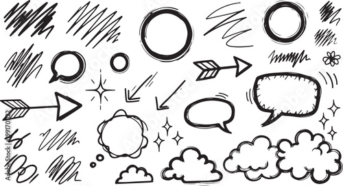 Hand-drawn doodle elements set, black ink sketch style on white background