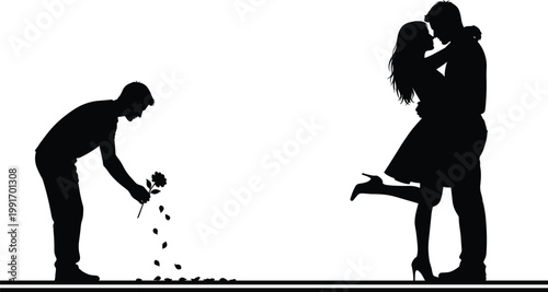 Romantic Couple Kissing Silhouette with Heartbroken Man Dropping Rose on White Background