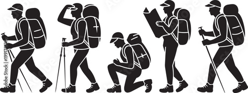 Hikers in 5 silhouettes with backpacks and trekking poles for mountain hiking vector style icon