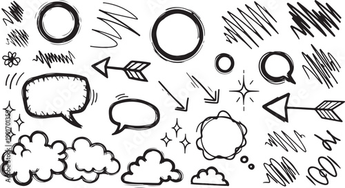 Hand-drawn doodle elements set, black ink sketch style on white background