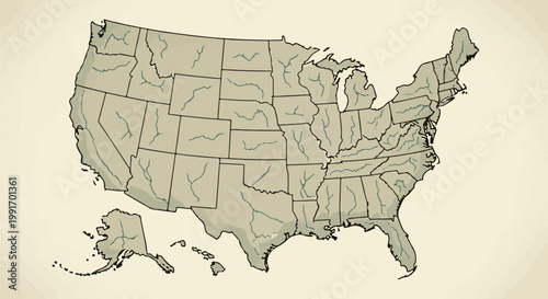 Stylized map of the United States showcasing rivers and state borders