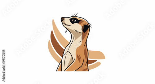 Stylized meerkat stands alert against a background of abstract earthy-toned curves