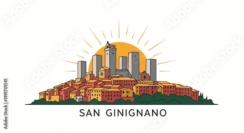 Stylized medieval Italian town with towers and sunburst