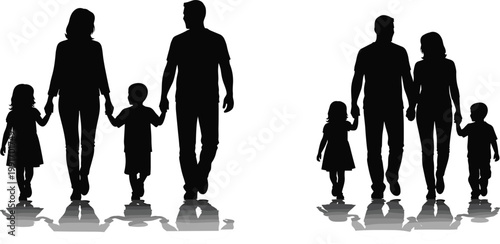 Two Happy Families Walking Together Parents with Son and Daughter Black Silhouette Vector Illustration with Shadow