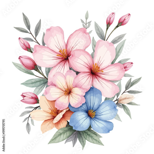 Colorful Flora Bouquet with Pink and Blue Hibiscus-like Flowers