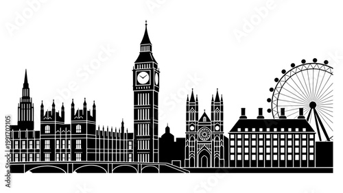 London Westminster Skyline Line Art with Big Ben and Parliament Minimal Outline