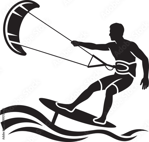 Kitesurfer riding a hydrofoil board on waves, vector illustration with summer sports icon set