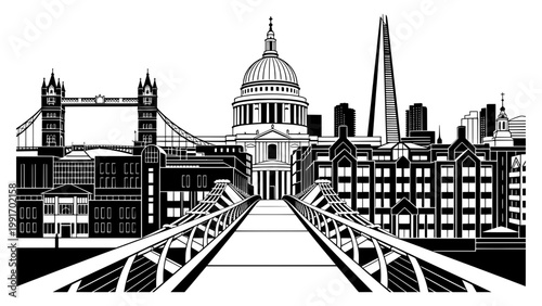 Millennium Bridge London Perspective Line Art Minimal Modern Outline