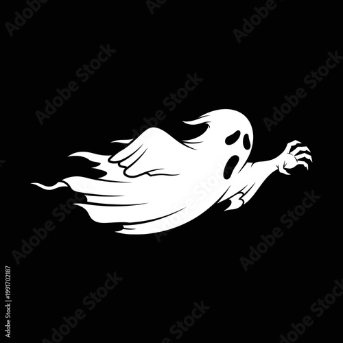 Flying white ghost reaching out on black background
