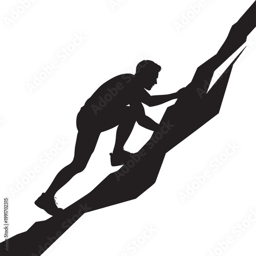 Male athlete 1 climbing a steep rock cliff face silhouette isolated on white, vector