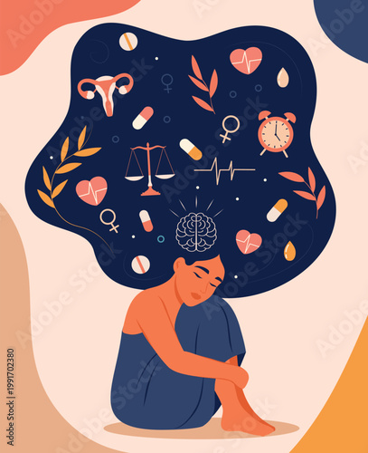 Women's mental health. International Women's Health Day. Woman with long hair, medical elements uterus, clock, brain, heart tenderly hugging herself. Mindfulness, care, prevention, awareness, medicine