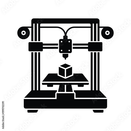 Black silhouette of a 3 d printer creating a cube on a white background, 3d printer