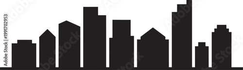 Monochrome modern city skyline illustration with tall skyscrapers and varied building heights