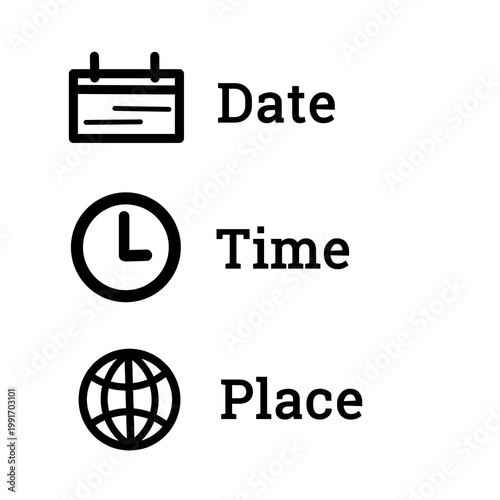 Date, time, and place symbol set for travel and events