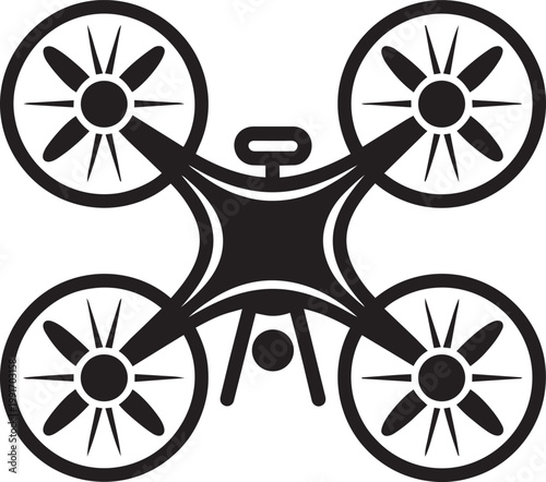 Quadrotor drone illustration in a minimalist black and white graphic style with unmanned aerial