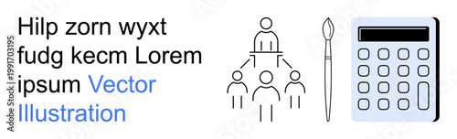 Business strategy, organizational planning, creative process, data management, art, education. Hierarchical diagram with calculator and paintbrush. Business strategy and organizational planning