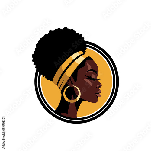African American woman with afro hairstyle and gold headband profile