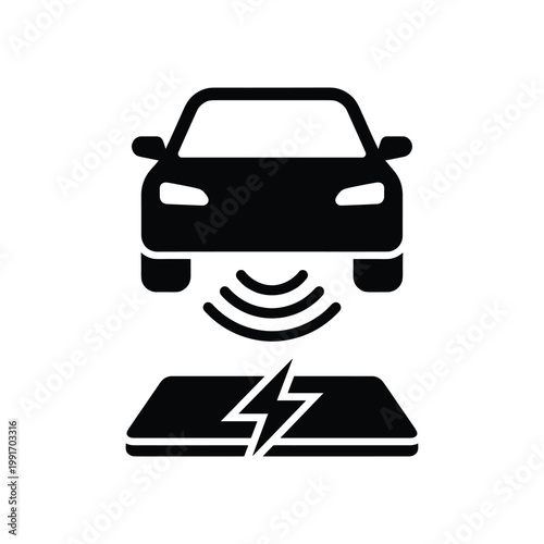 Black silhouette of a car hovering over a charging pad with a lightning bolt symbol and wireless charging waves
