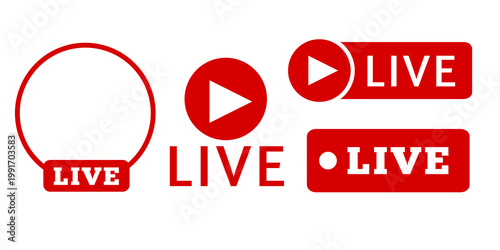 A collection of live icons in red. Social media live symbols.