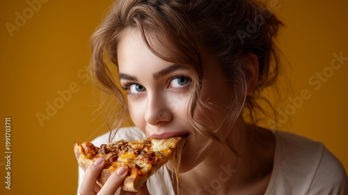 Close up on a woman's face while she eats a cheesy slice of pizza