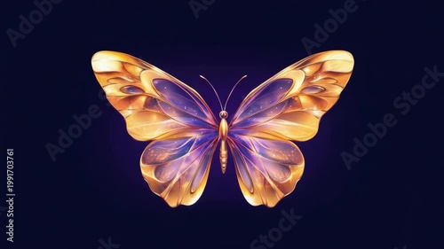 Golden butterfly on deep blue background. Luxury decoration for elegant design, rich card, invitation, poster, banner, template and wealth concept.