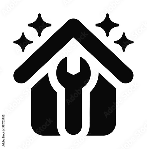 Vector graphic of a house with a wrench and sparkles, symbolizing home repair and maintenance.