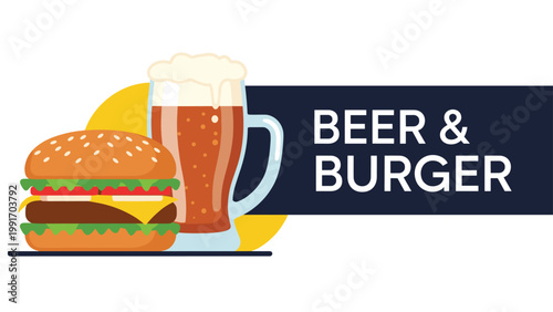 Delicious beef burger with fresh lettuce and cheese is placed next to a cold glass of beer with the text beer and burger for a pub menu design.