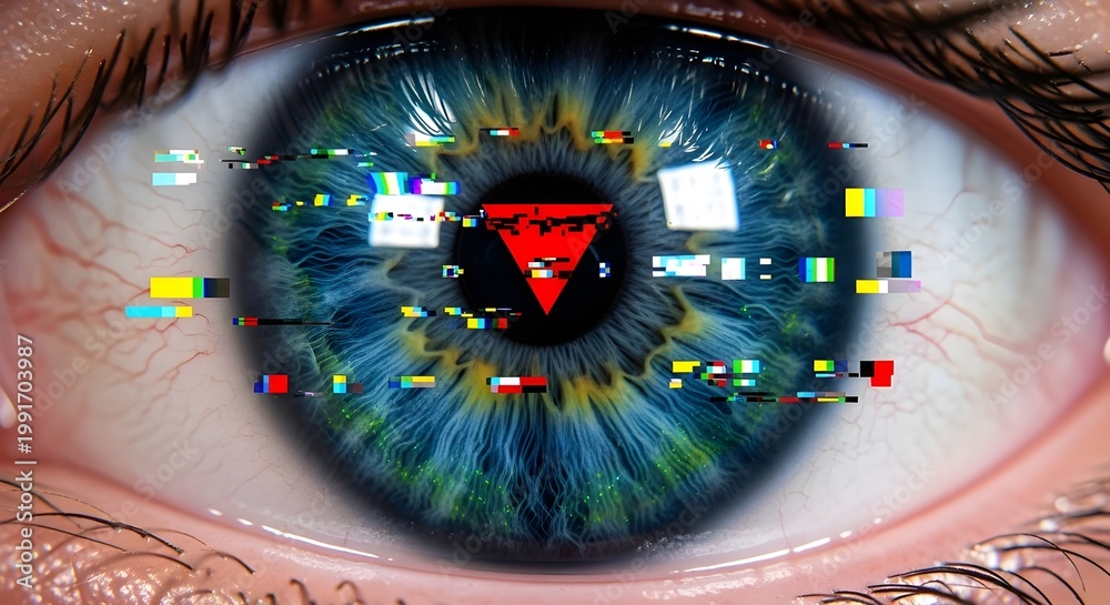 Fototapeta premium A close up view of a human eye with a digital glitch effect and a red triangle in the center pupil