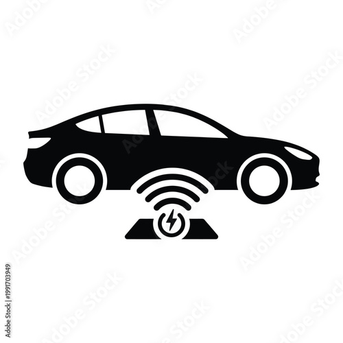 Black silhouette of a car charging wirelessly on a pad with wi-fi signal and lightning bolt