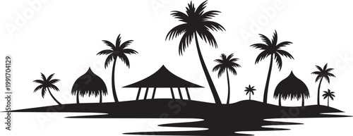 Tropical island silhouette featuring 8 palm trees and 3 beach bungalows in a vector layout