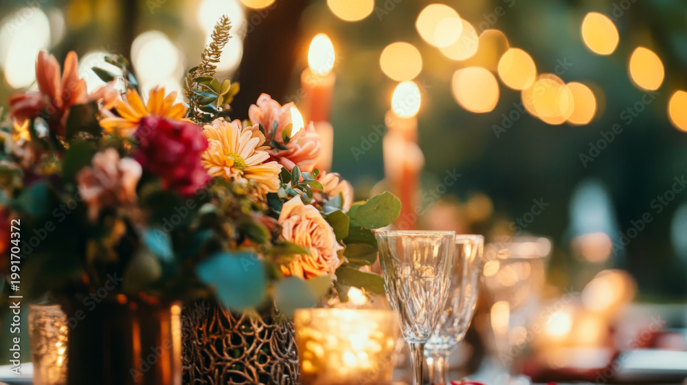 Obraz premium Elegant table setting with floral centerpiece and candles