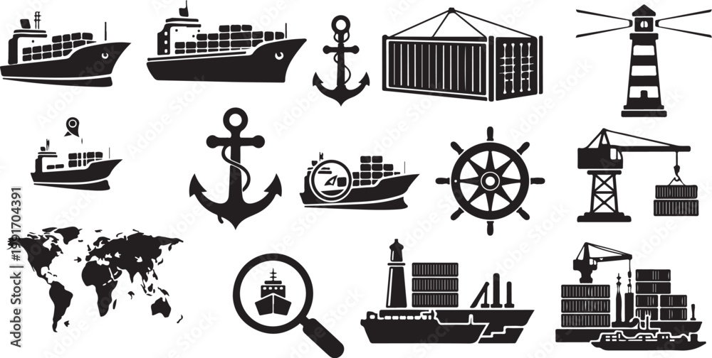 Naklejka premium Maritime Shipping Icons and Logistics Symbols Set