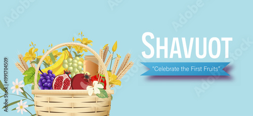 Happy Shavuot Illustration with Basket of Fruits and Wheat in Soft Sky Background Minimalist Style
