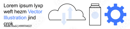 Technology, connectivity, data storage, cloud computing, digital tools, system optimization. An illustrated cloud with arrows, a gear and a can-thumbs up shape. Cloud computing and connectivity