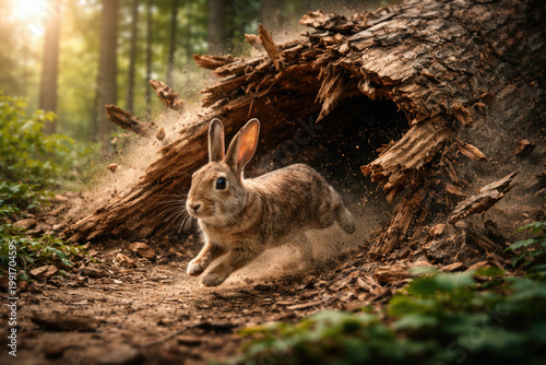 A rabbit runs out of a destroyed log in the forest.