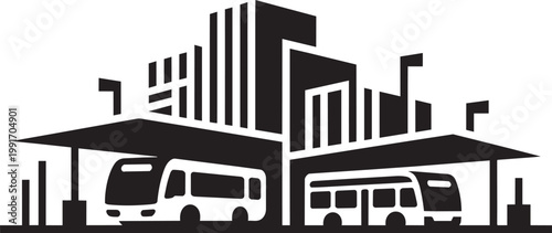 Bus station with 2 city buses and urban buildings in minimalist black and white vector style