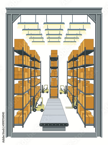 An illustration of a large warehouse with rows of shelving units and forklifts