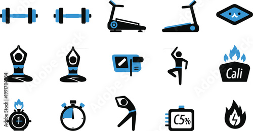 Fitness and wellness icons set gym yoga and healthy lifestyle